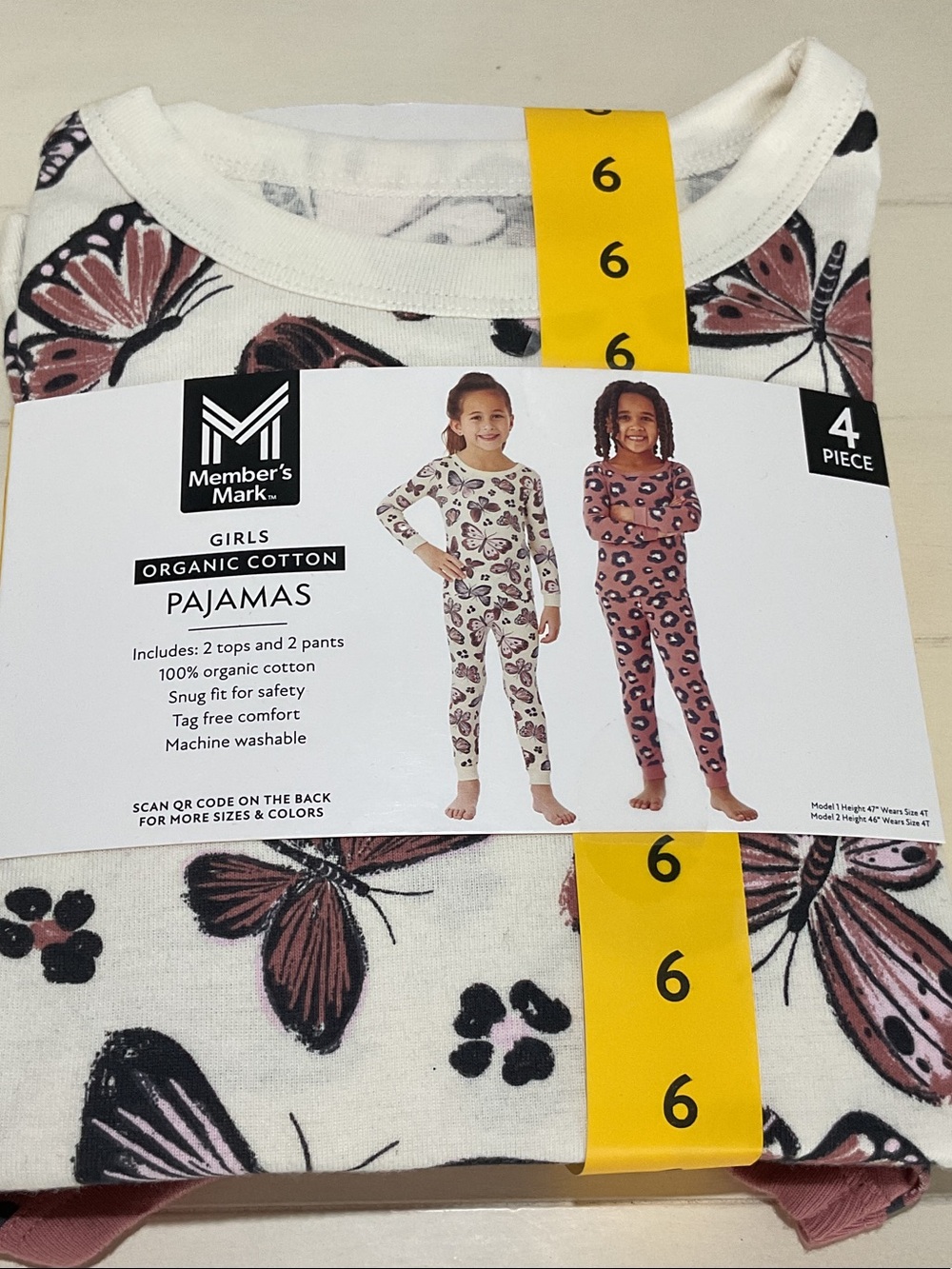 Member's Mark Girls Organic Cotton White and Pink Butterfly Pajama Set - Size 6 - Picture 1 of 4
